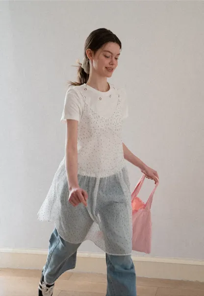 Embroidered Dot Pattern Layered T Shirt Dress
