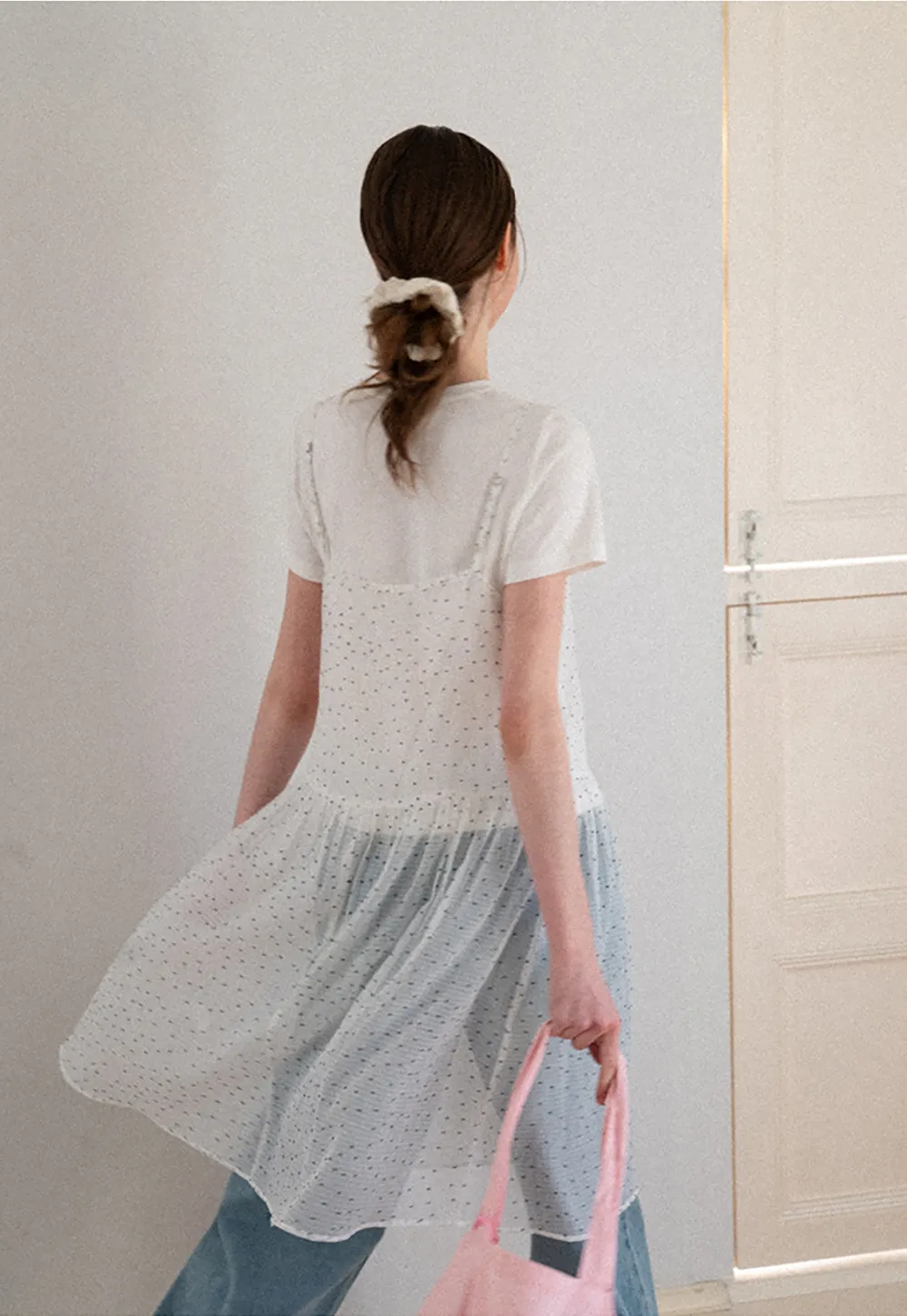 Embroidered Dot Pattern Layered T Shirt Dress