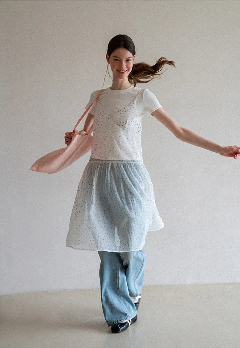 Embroidered Dot Pattern Layered T Shirt Dress