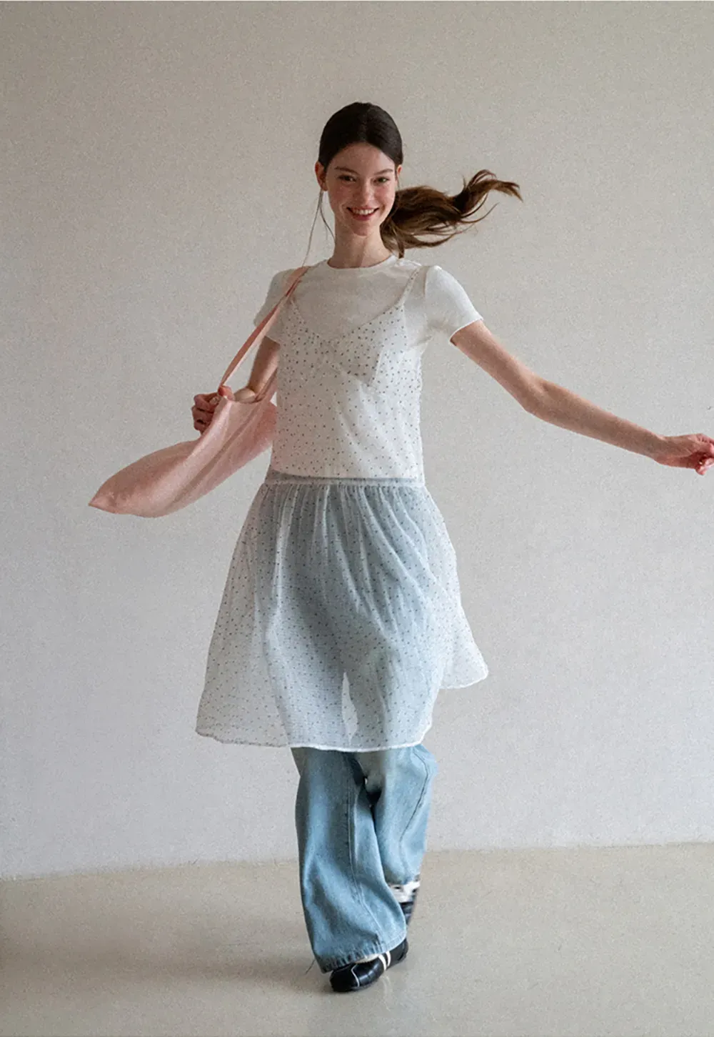 Embroidered Dot Pattern Layered T Shirt Dress