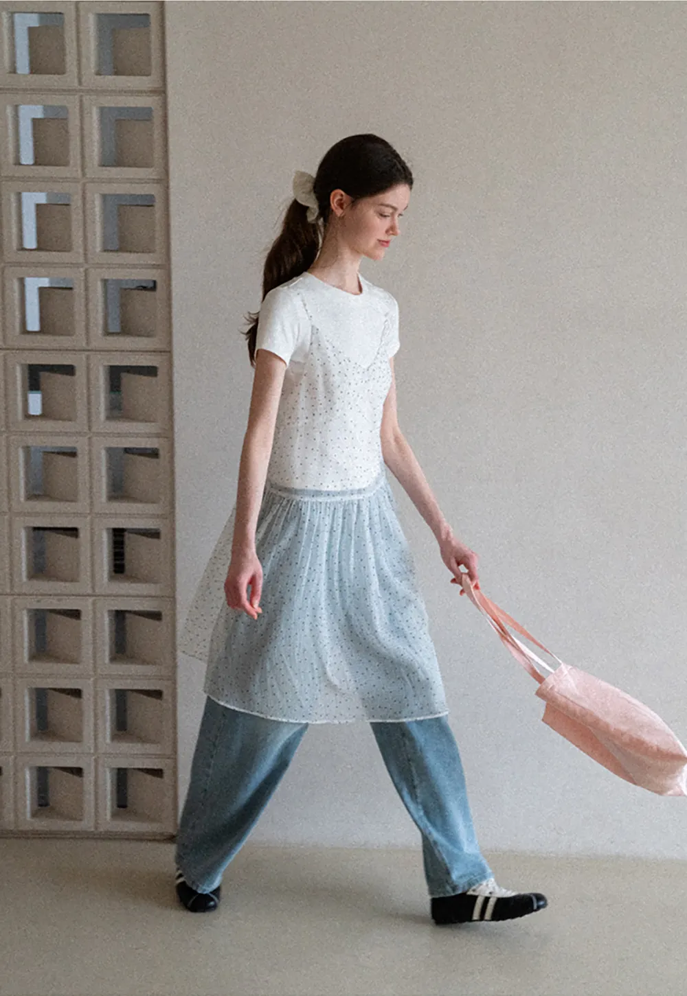 Embroidered Dot Pattern Layered T Shirt Dress