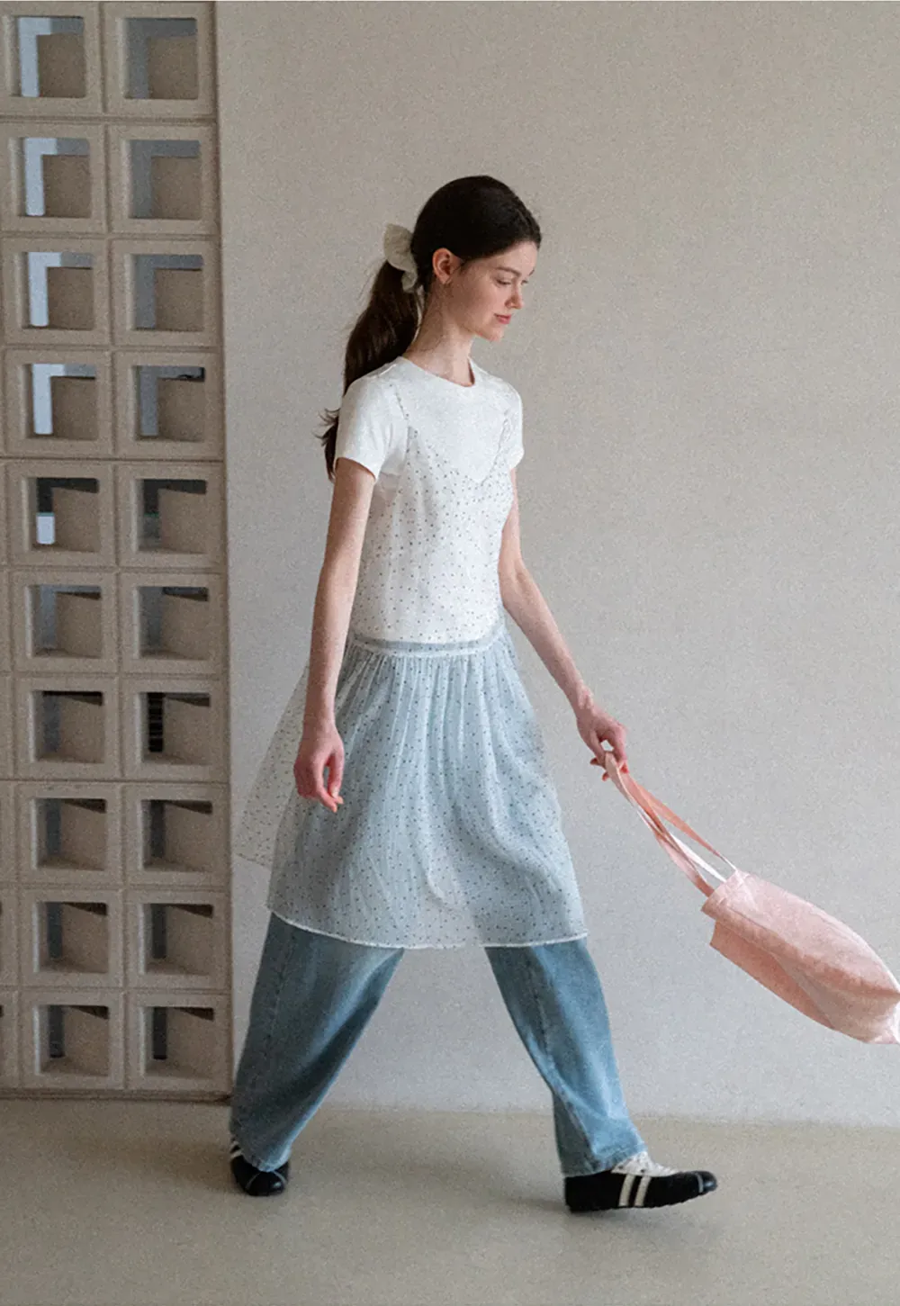 Embroidered Dot Pattern Layered T Shirt Dress