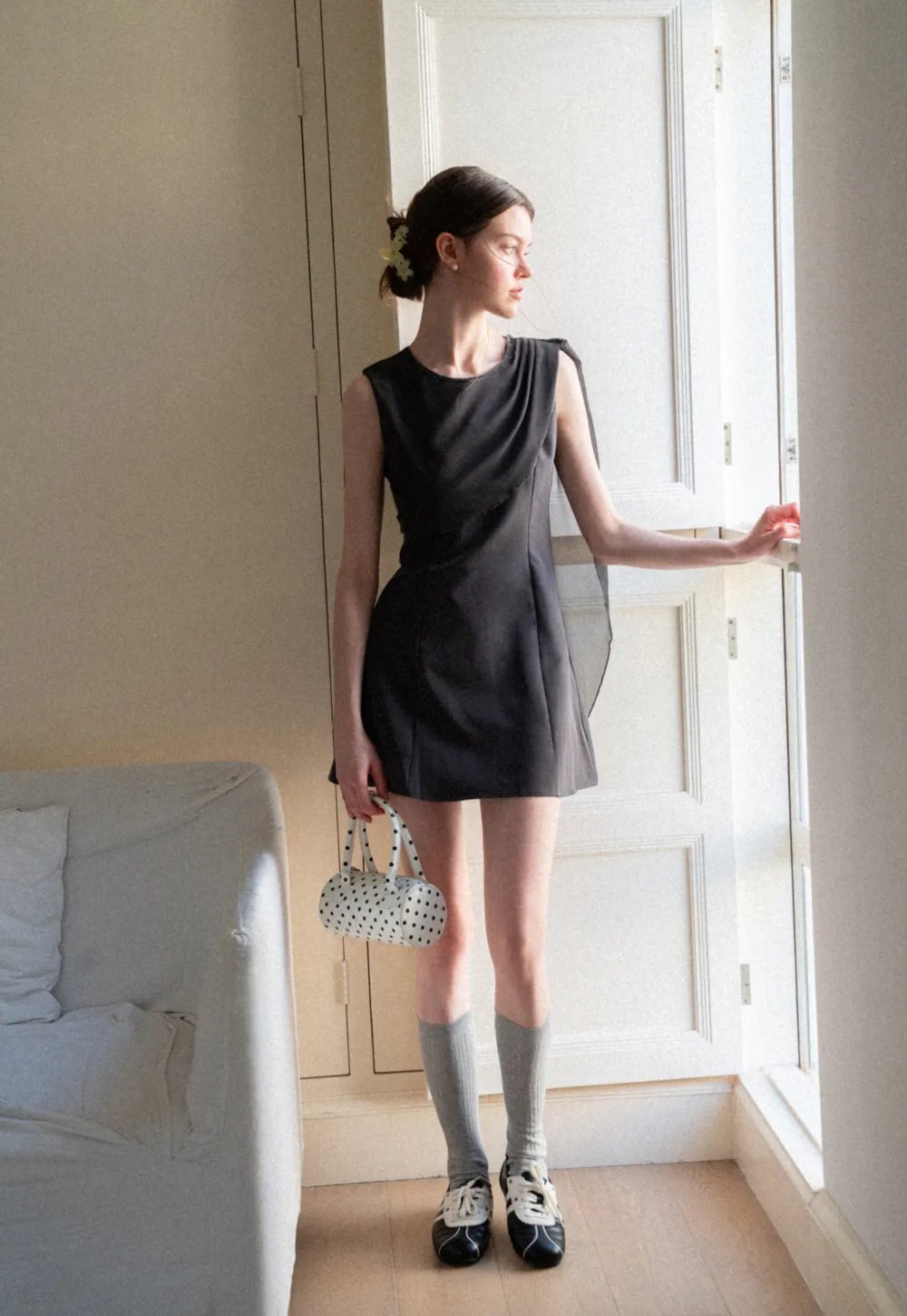 Asymmetrical Draped Sleeve Mini Dress