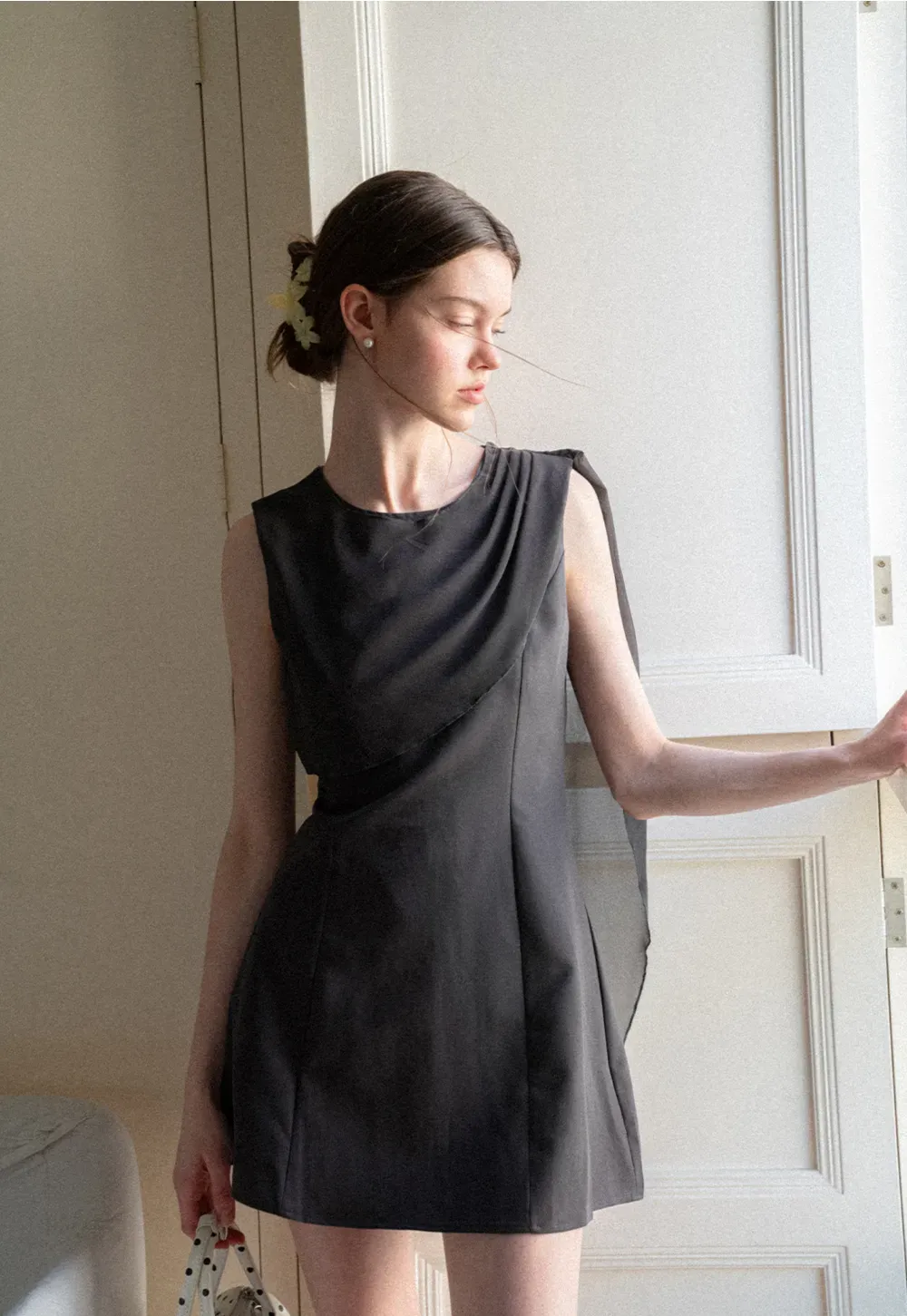 Asymmetrical Draped Sleeve Mini Dress