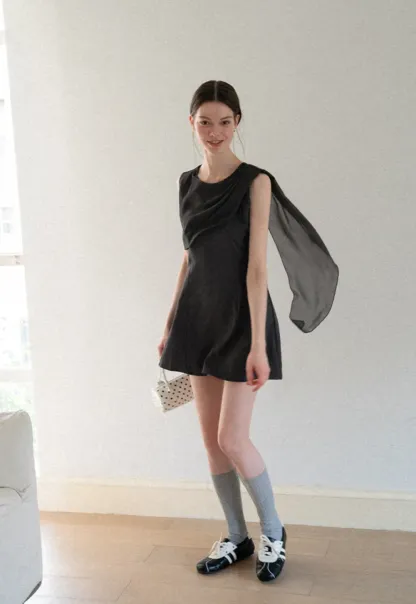 Asymmetrical Draped Sleeve Mini Dress