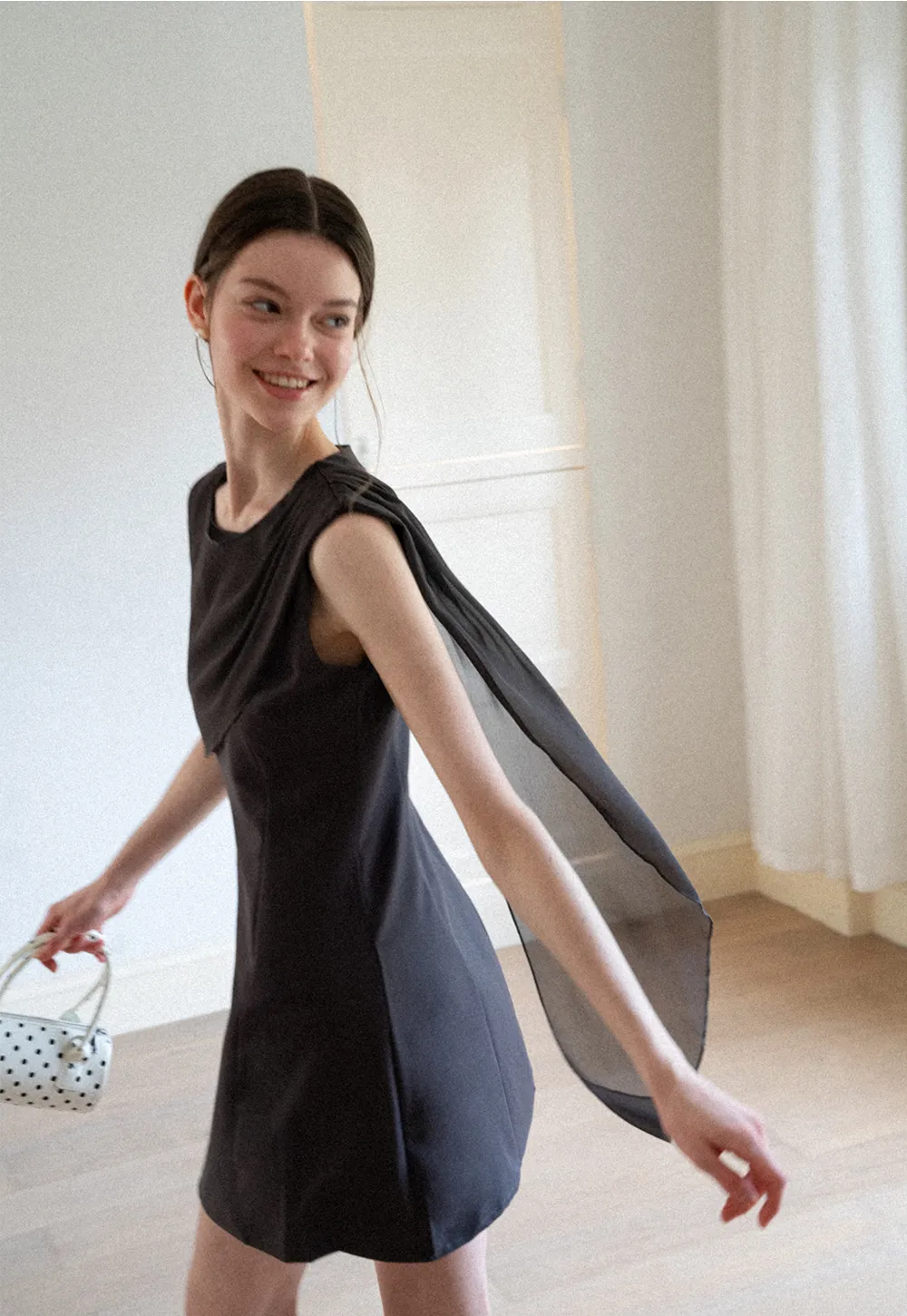 Asymmetrical Draped Sleeve Mini Dress