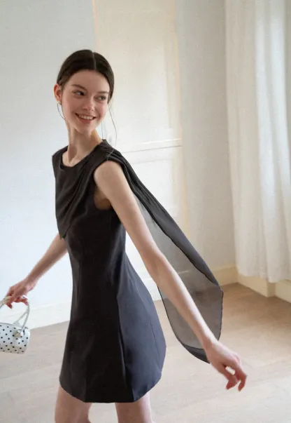 Asymmetrical Draped Sleeve Mini Dress