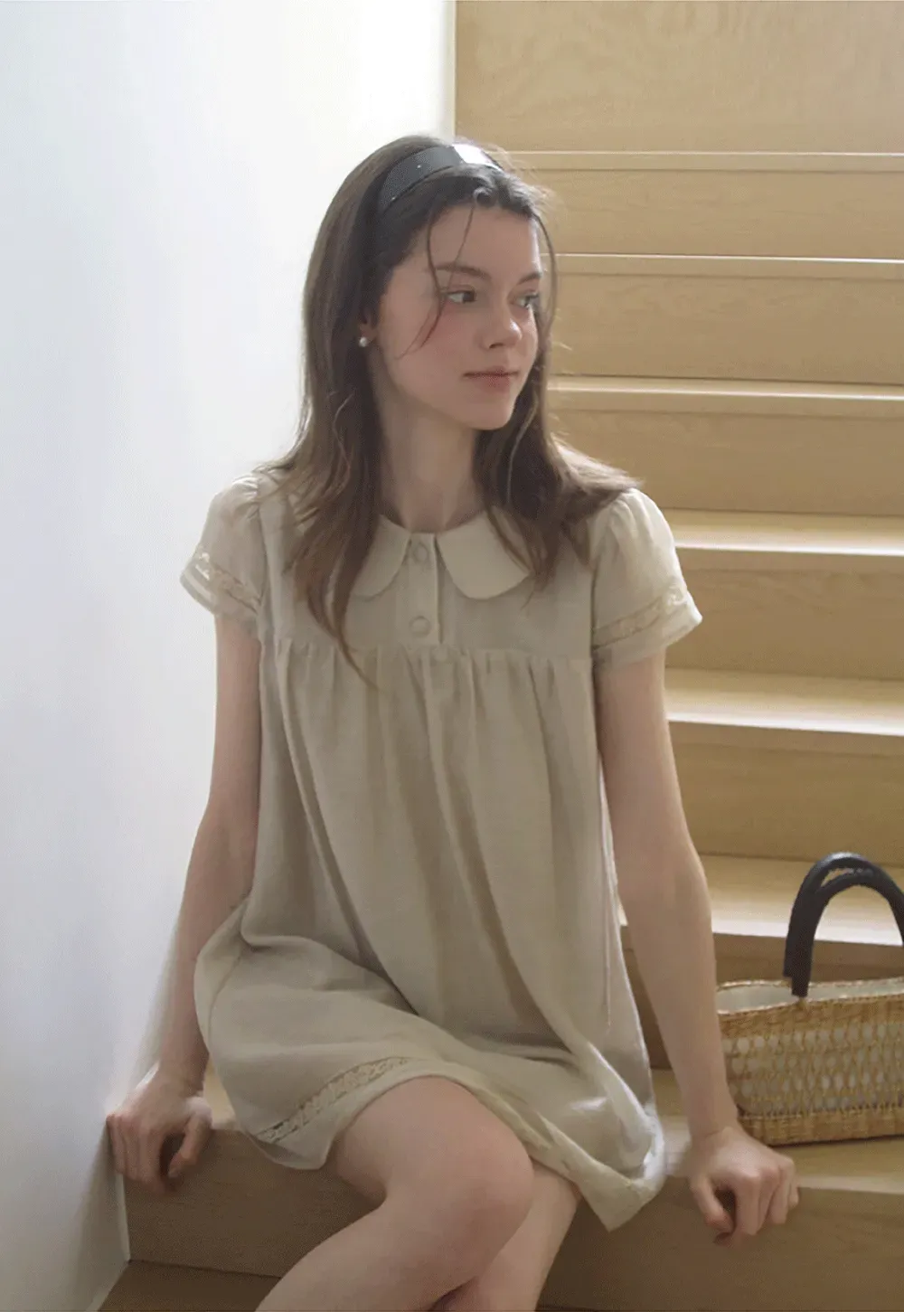 Peter Pan Collar Lace Trim Short Sleeve Dress
