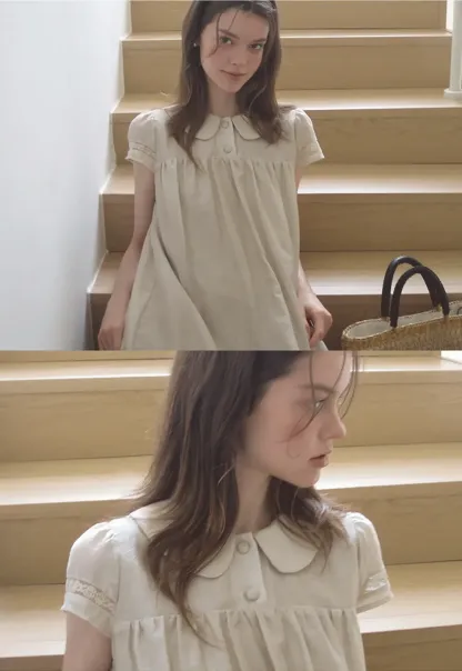 Peter Pan Collar Lace Trim Short Sleeve Dress