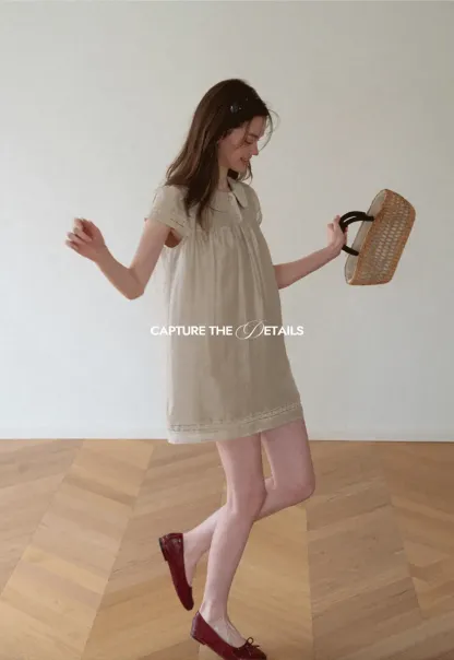 Peter Pan Collar Lace Trim Short Sleeve Dress