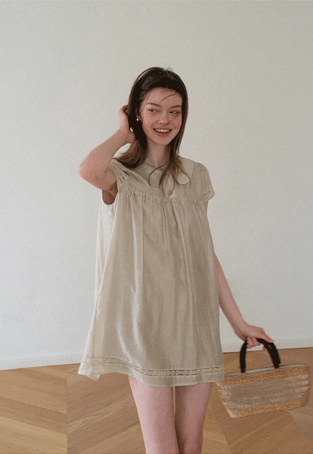 Peter Pan Collar Lace Trim Short Sleeve Dress