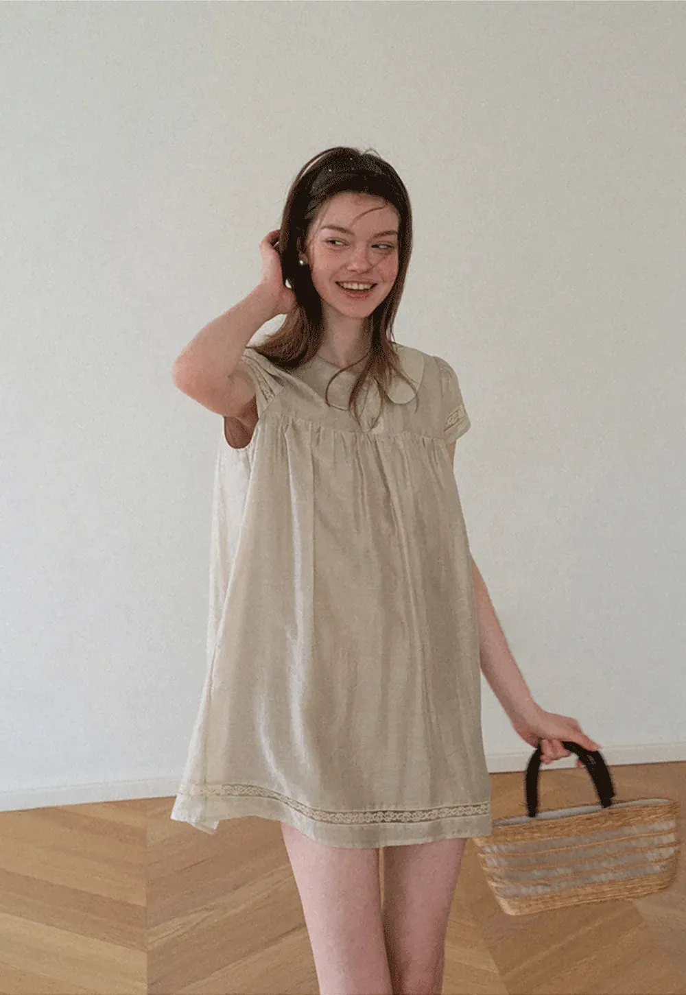 Peter Pan Collar Lace Trim Short Sleeve Dress