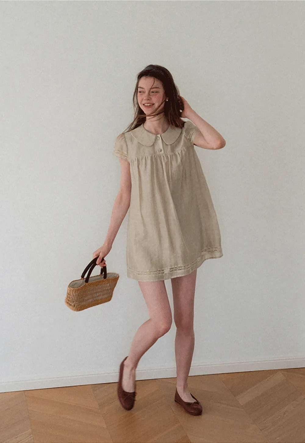 Peter Pan Collar Lace Trim Short Sleeve Dress
