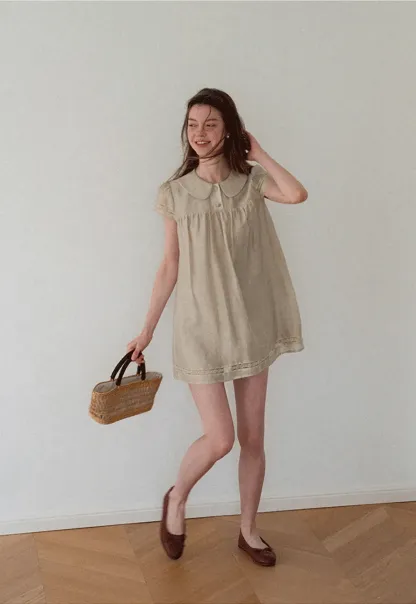 Peter Pan Collar Lace Trim Short Sleeve Dress