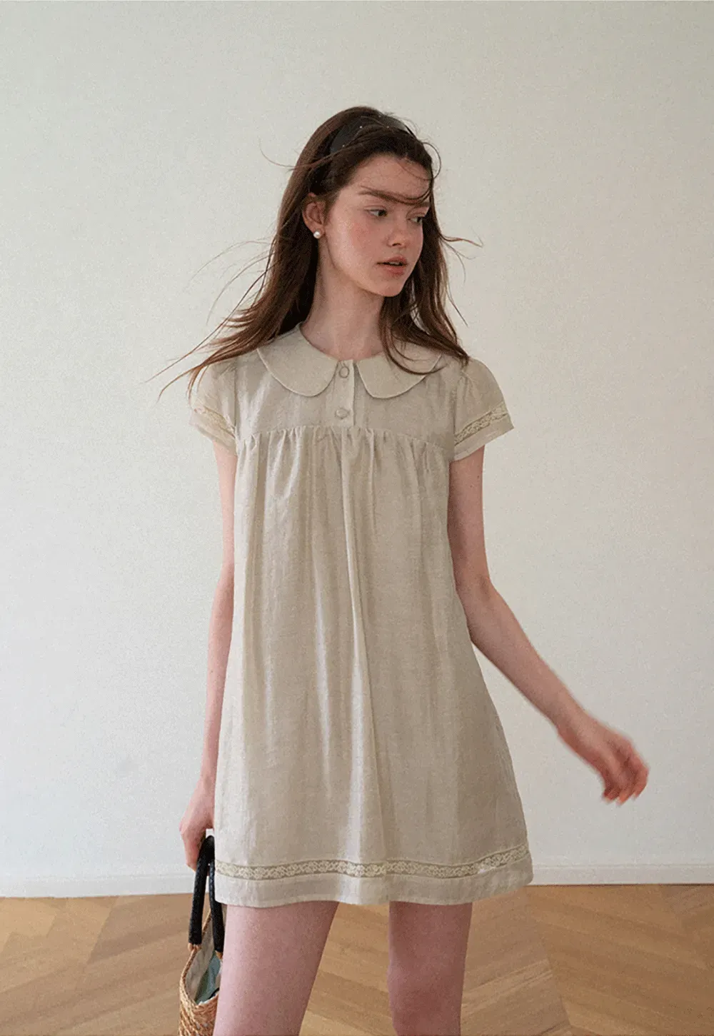 Peter Pan Collar Lace Trim Short Sleeve Dress
