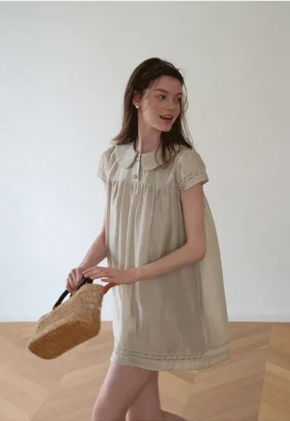 Peter Pan Collar Lace Trim Short Sleeve Dress