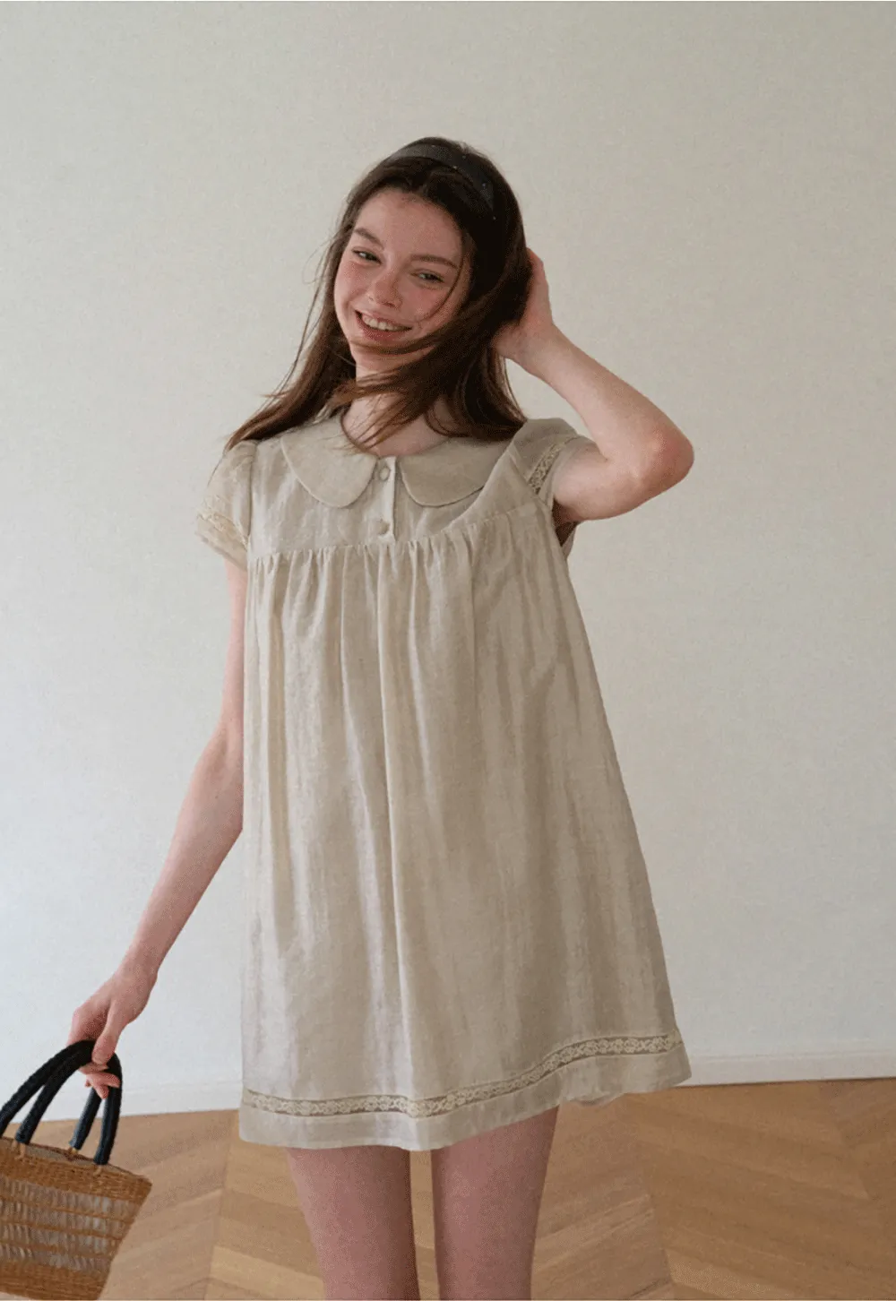 Peter Pan Collar Lace Trim Short Sleeve Dress