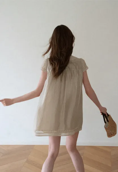 Peter Pan Collar Lace Trim Short Sleeve Dress