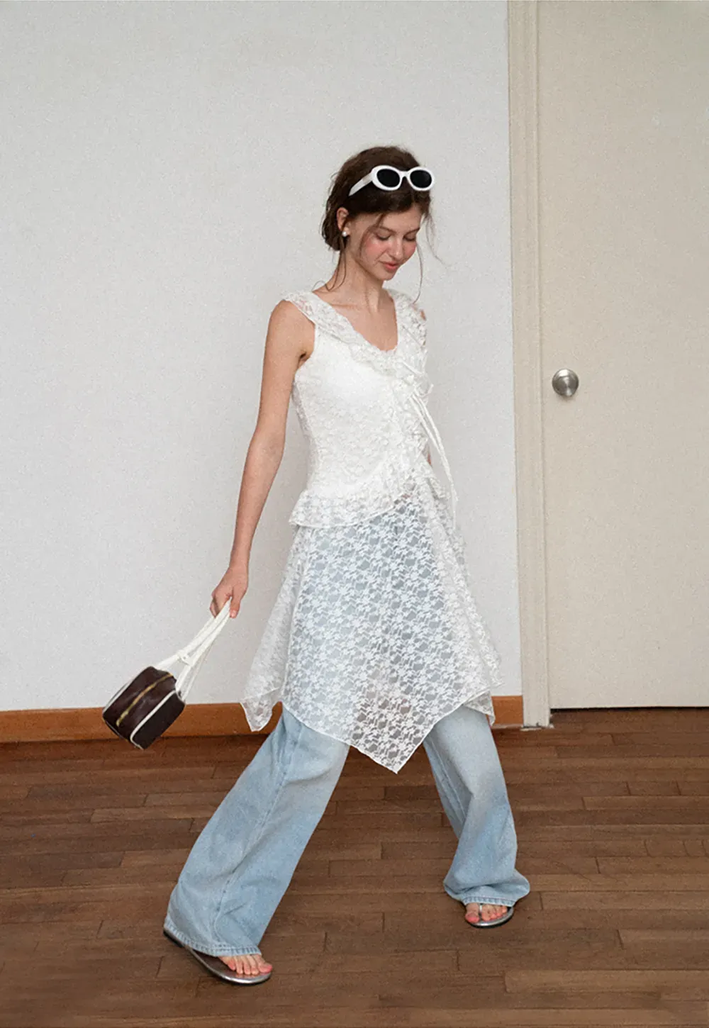 Lace V Neck Asymmetrical Hem Sleeveless Dress