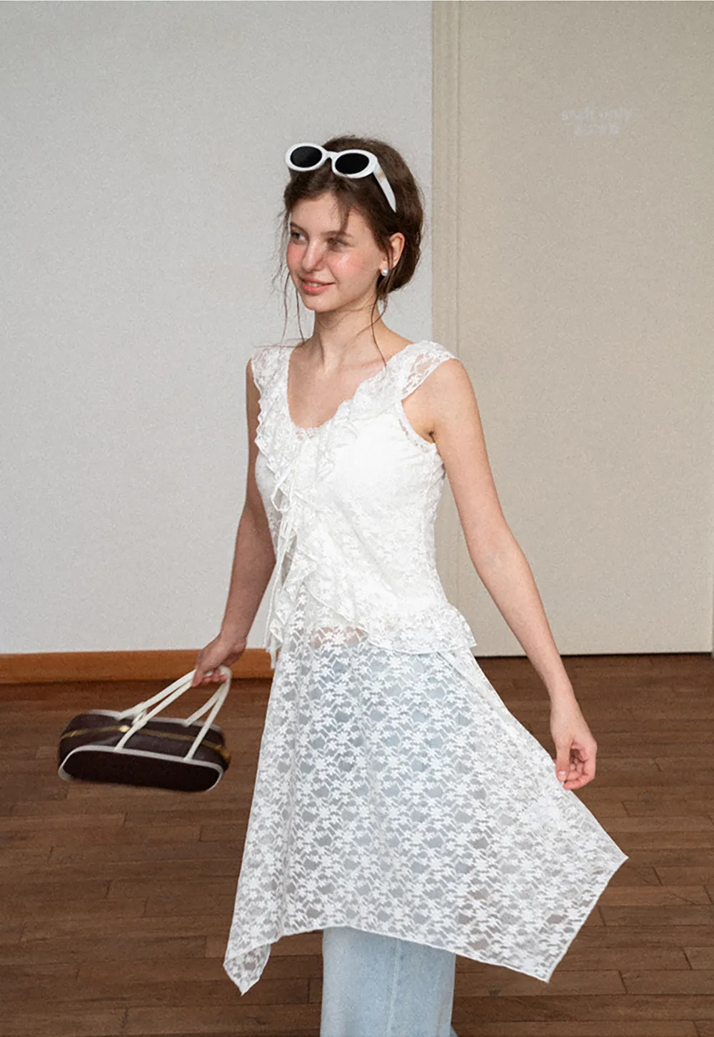 Lace V Neck Asymmetrical Hem Sleeveless Dress