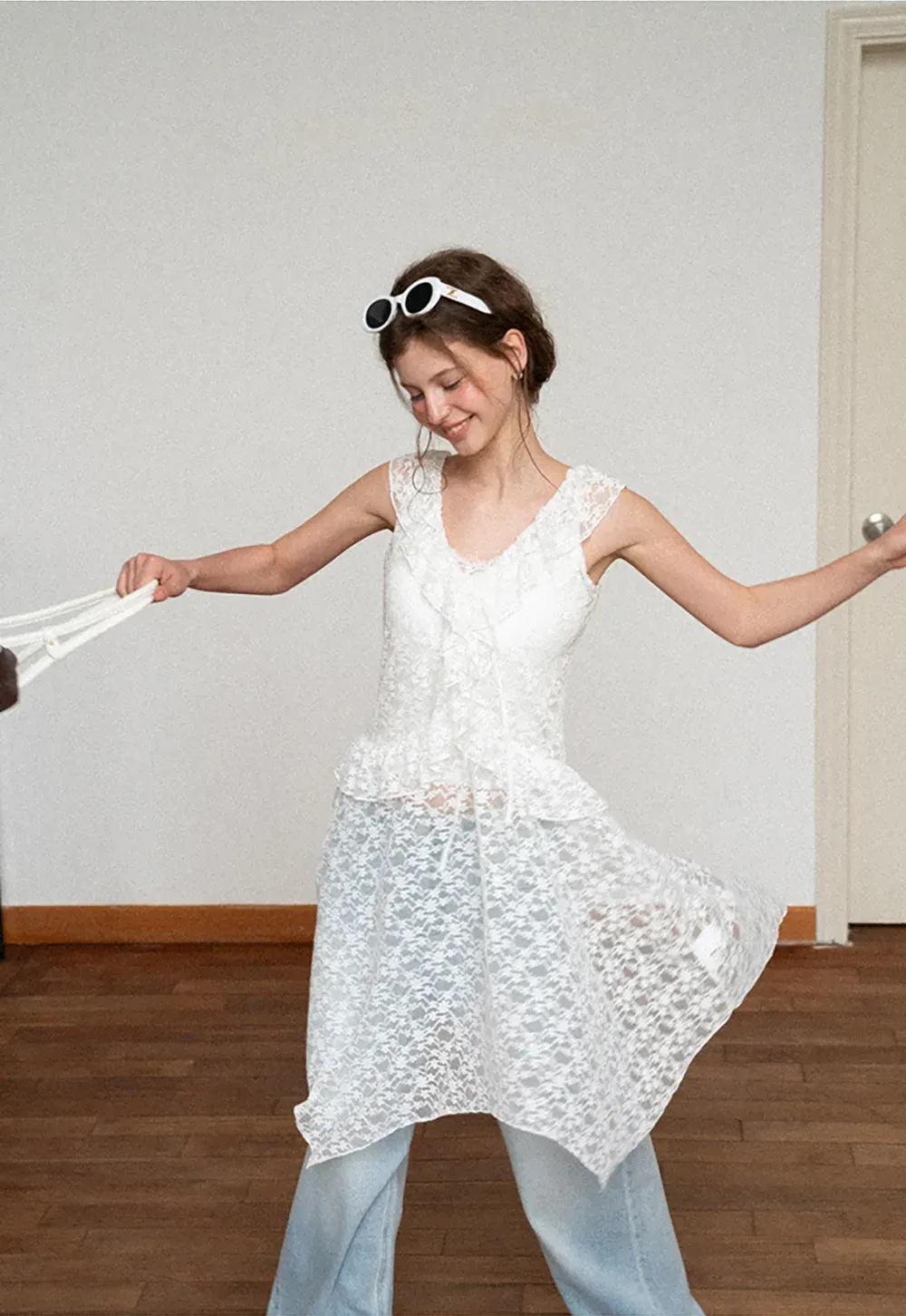 Lace V Neck Asymmetrical Hem Sleeveless Dress
