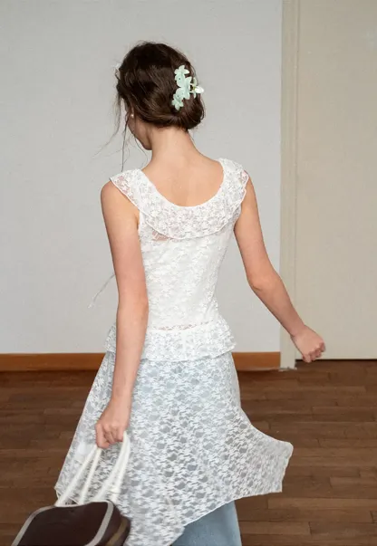 Lace V Neck Asymmetrical Hem Sleeveless Dress