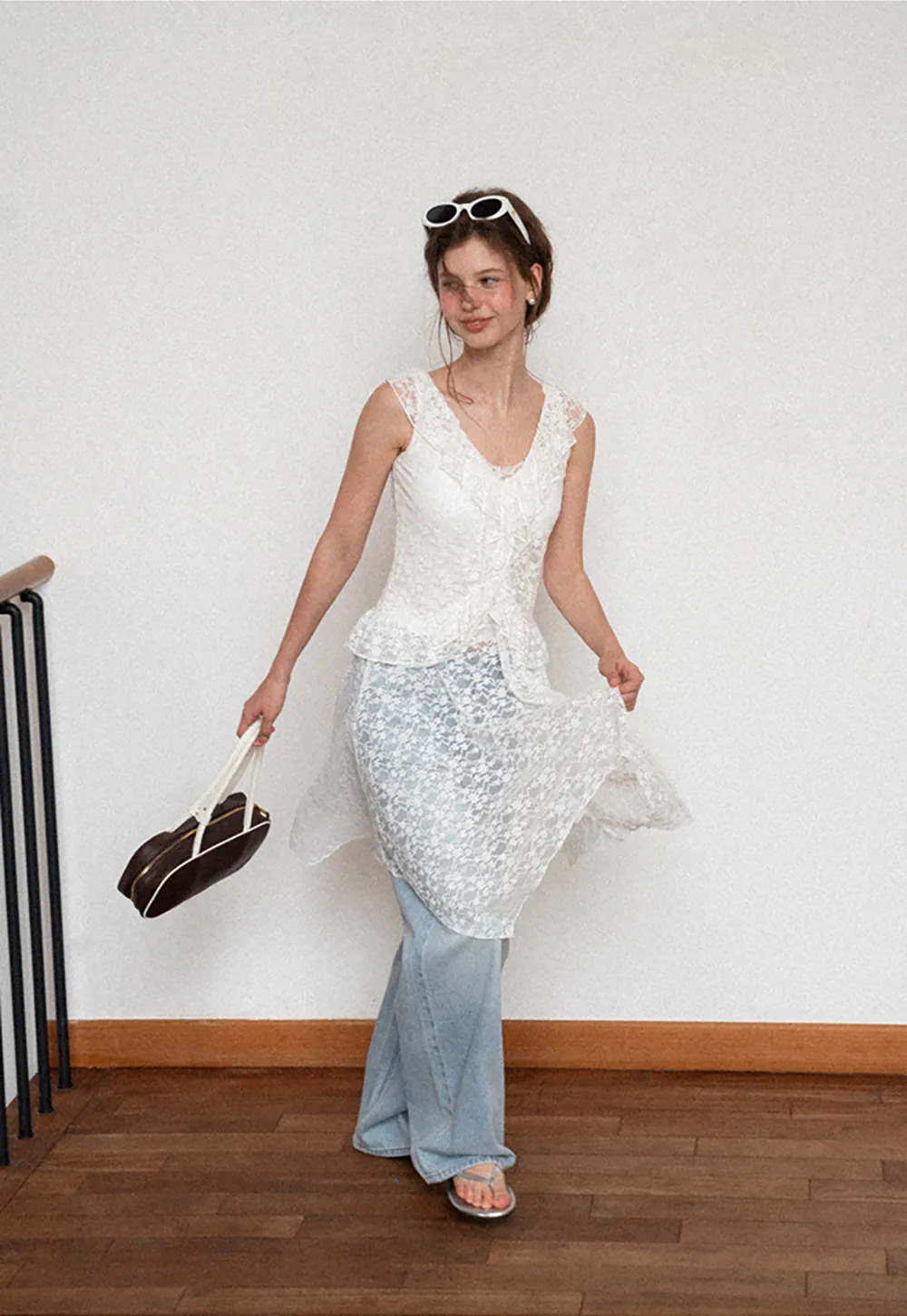 Lace V Neck Asymmetrical Hem Sleeveless Dress