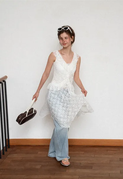 Lace V Neck Asymmetrical Hem Sleeveless Dress