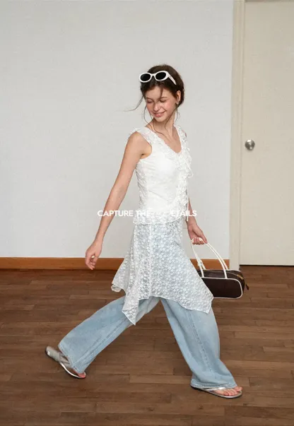 Lace V Neck Asymmetrical Hem Sleeveless Dress