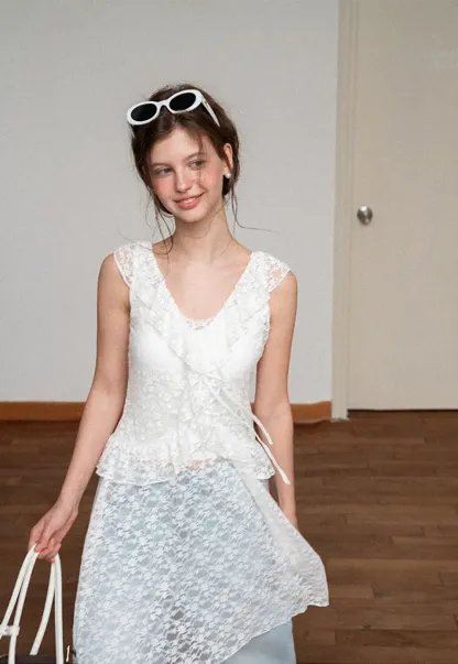 Lace V Neck Asymmetrical Hem Sleeveless Dress