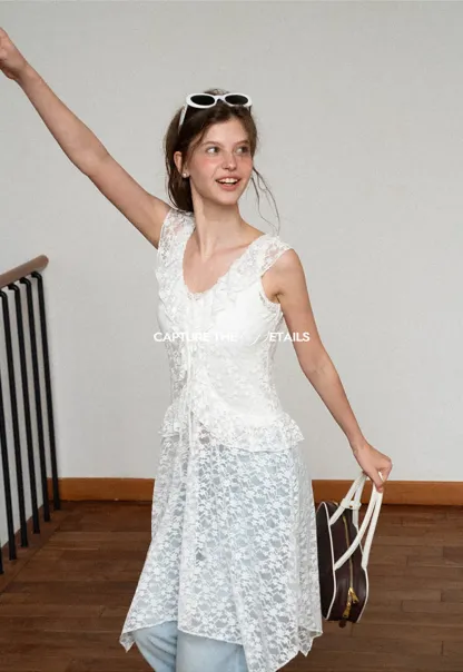 Lace V Neck Asymmetrical Hem Sleeveless Dress