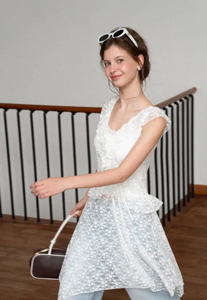 Lace V Neck Asymmetrical Hem Sleeveless Dress