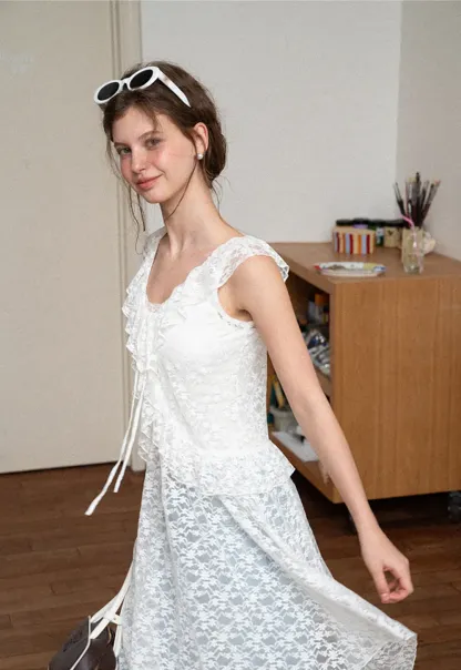Lace V Neck Asymmetrical Hem Sleeveless Dress