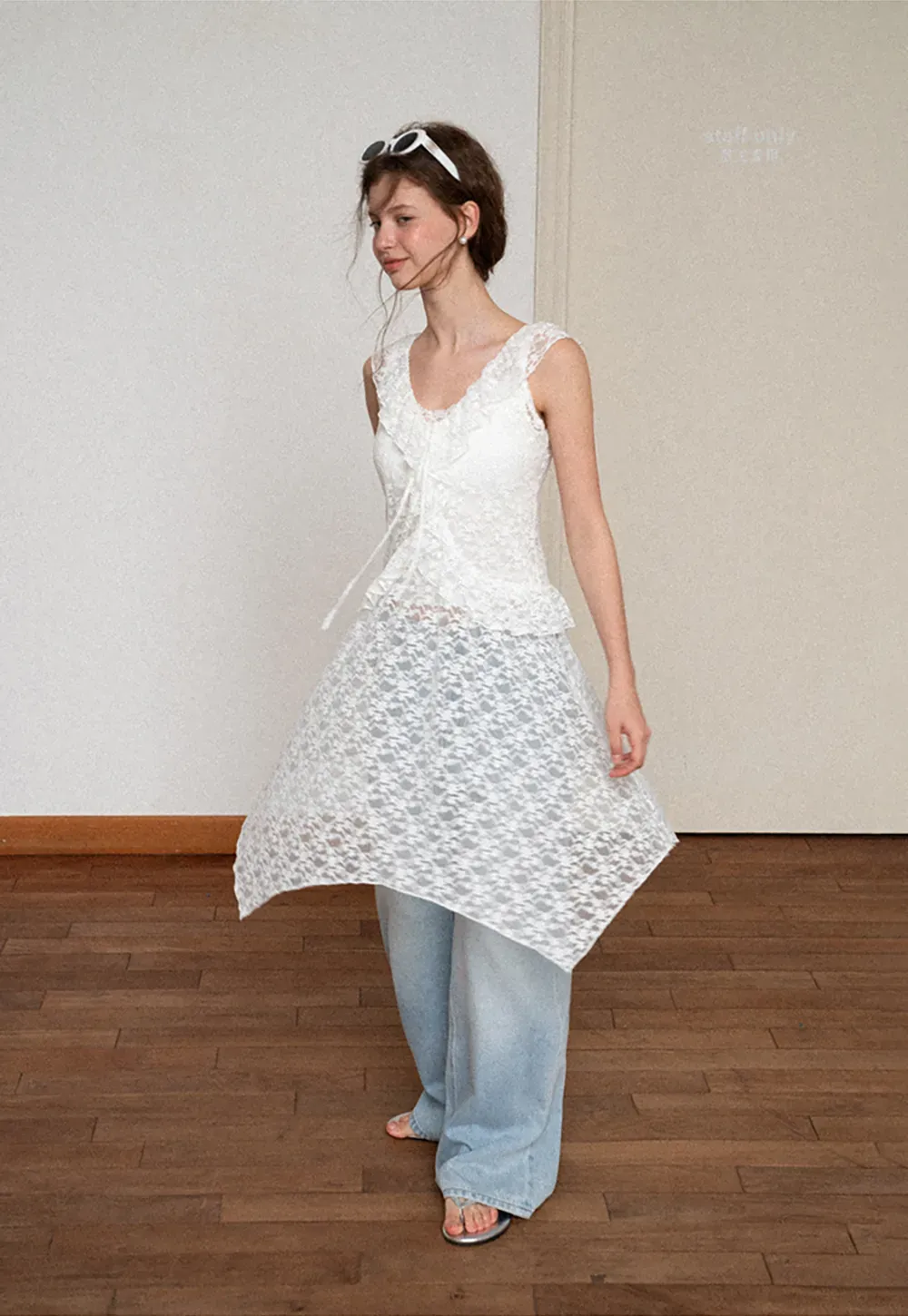 Lace V Neck Asymmetrical Hem Sleeveless Dress