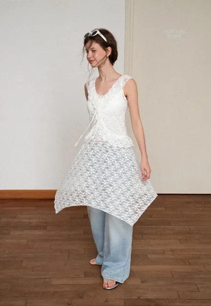 Lace V Neck Asymmetrical Hem Sleeveless Dress