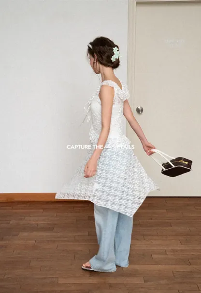 Lace V Neck Asymmetrical Hem Sleeveless Dress