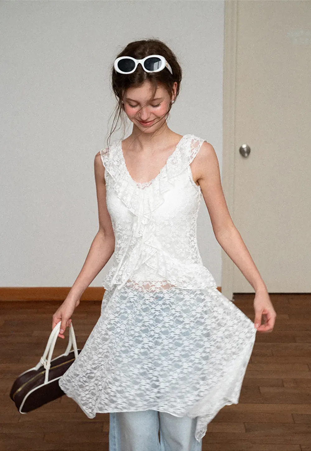 Lace V Neck Asymmetrical Hem Sleeveless Dress