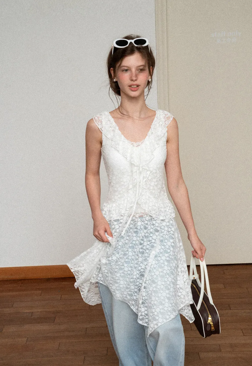 Lace V Neck Asymmetrical Hem Sleeveless Dress