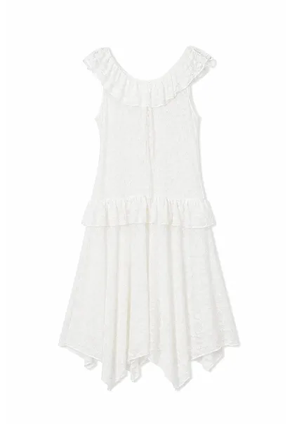 Lace V Neck Asymmetrical Hem Sleeveless Dress