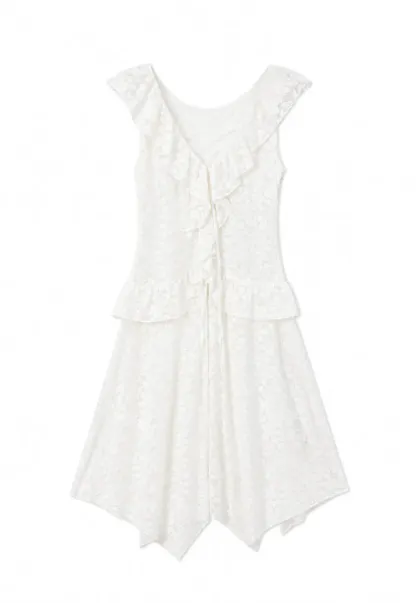 Lace V Neck Asymmetrical Hem Sleeveless Dress