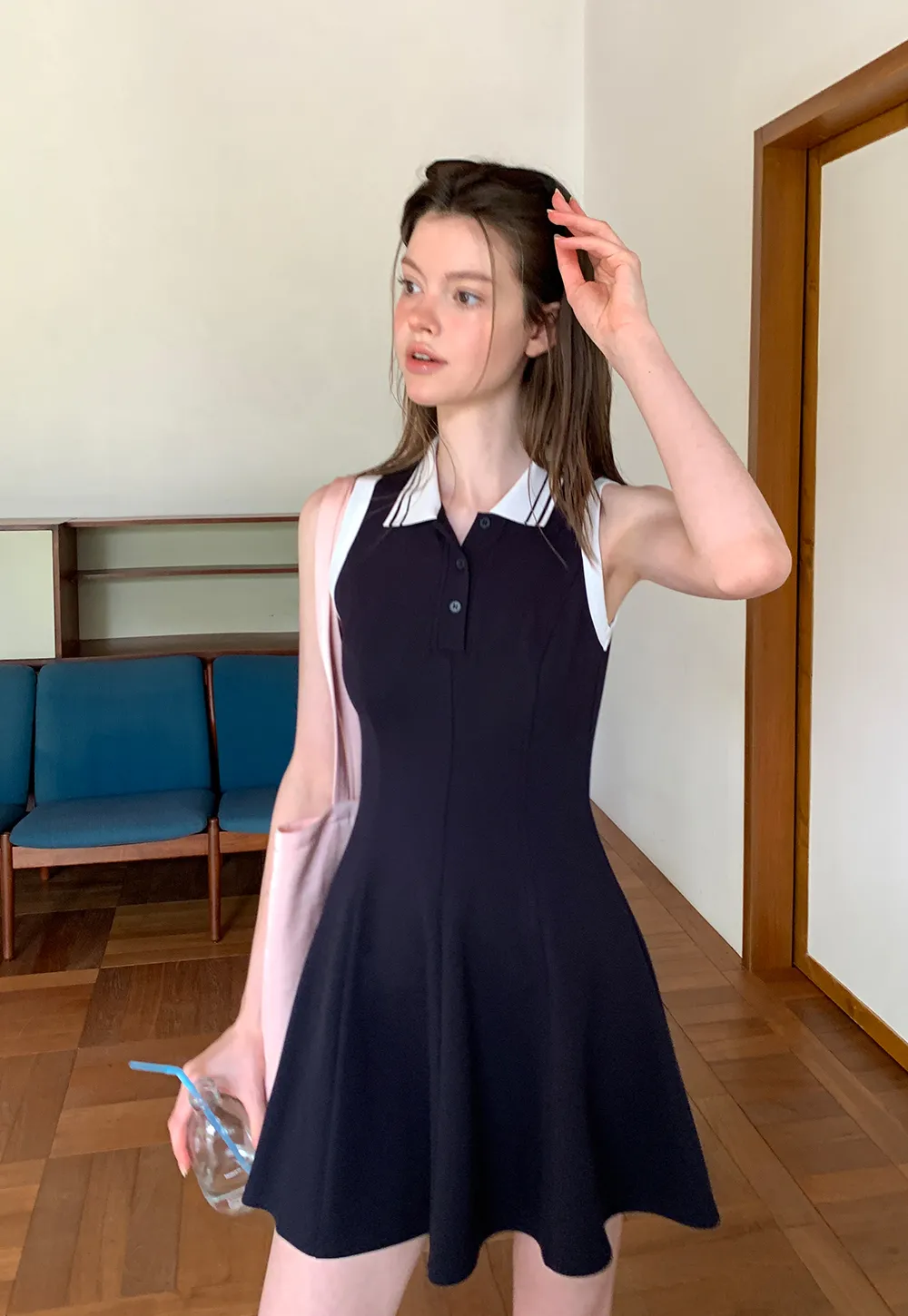 Collar Trim Sleeveless A-Line Dress