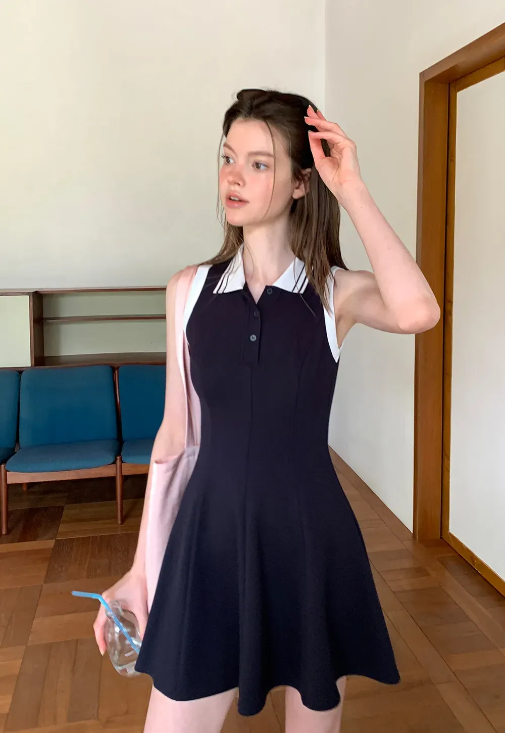 Collar Trim Sleeveless A-Line Dress
