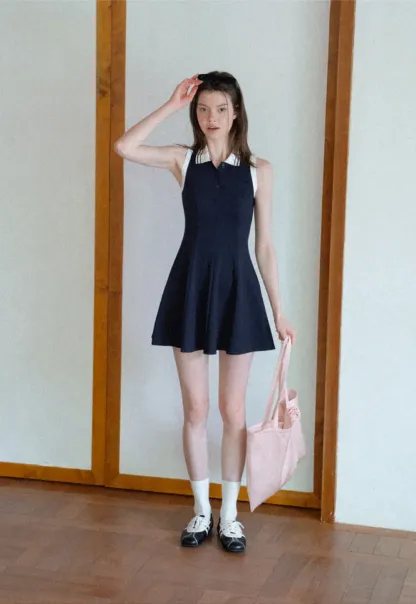 Collar Trim Sleeveless A-Line Dress