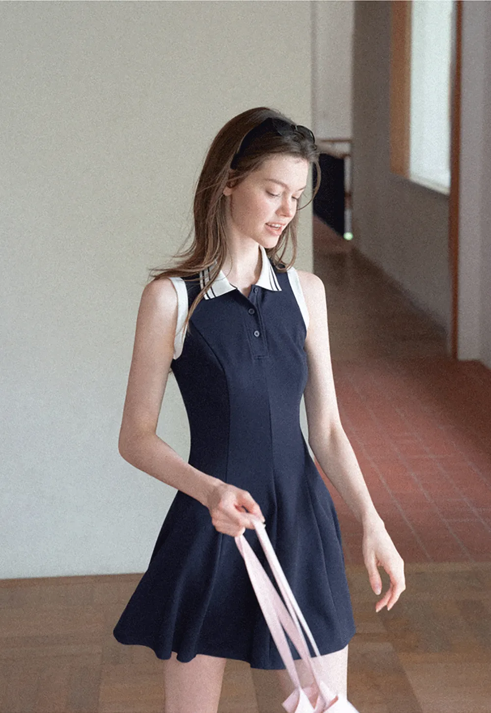Collar Trim Sleeveless A-Line Dress