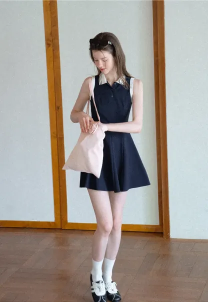 Collar Trim Sleeveless A-Line Dress