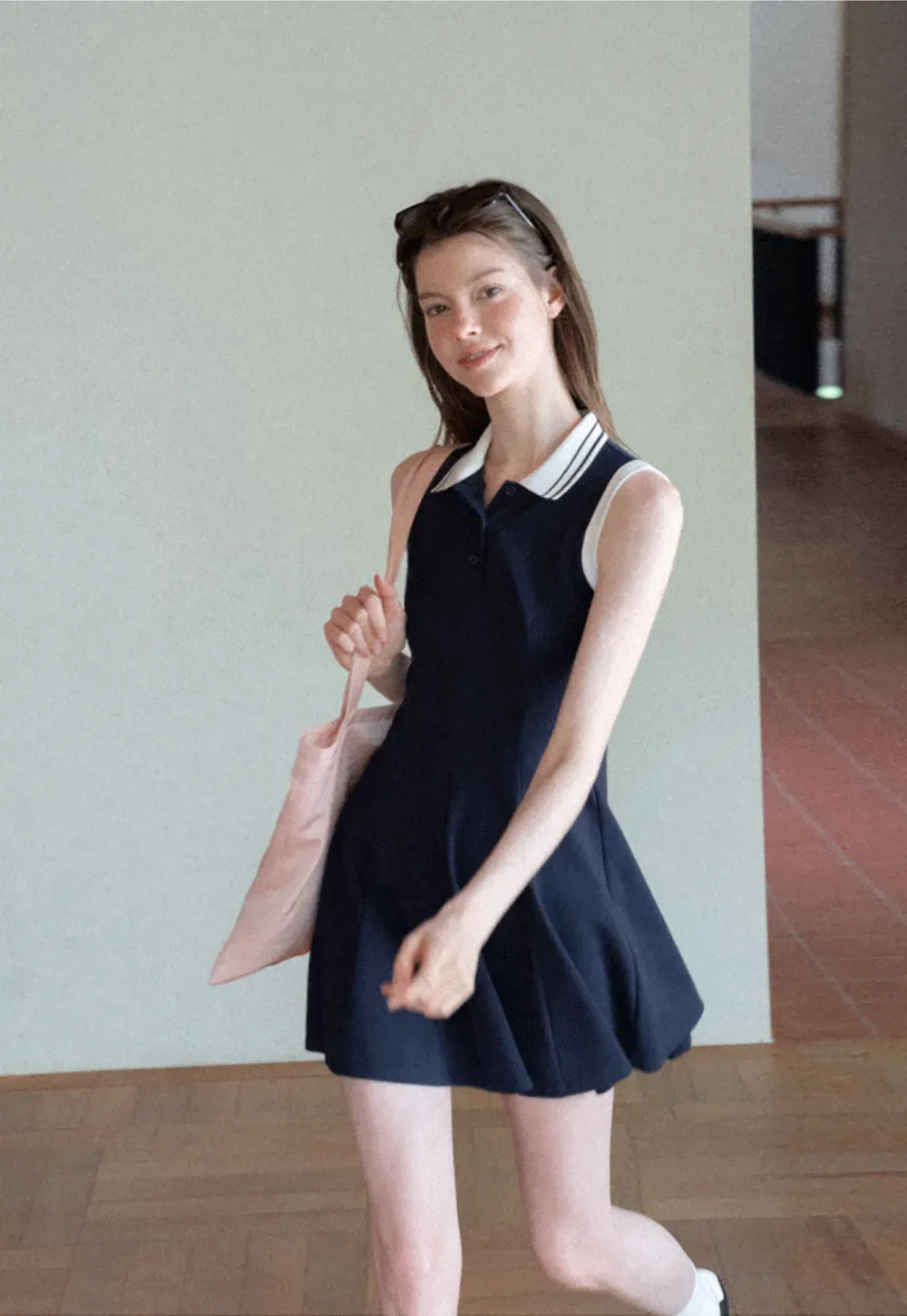 Collar Trim Sleeveless A-Line Dress