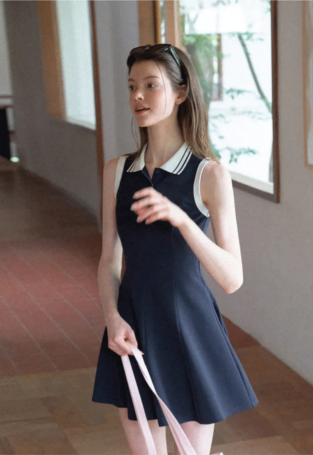 Collar Trim Sleeveless A-Line Dress