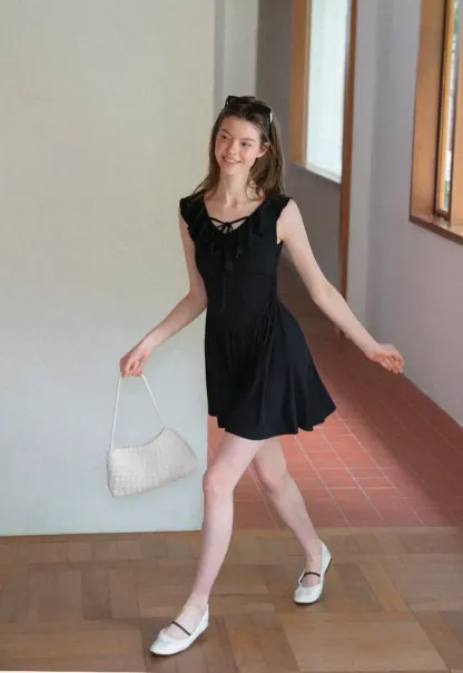 Ruffled Neckline Tie Front Flared Mini Dress