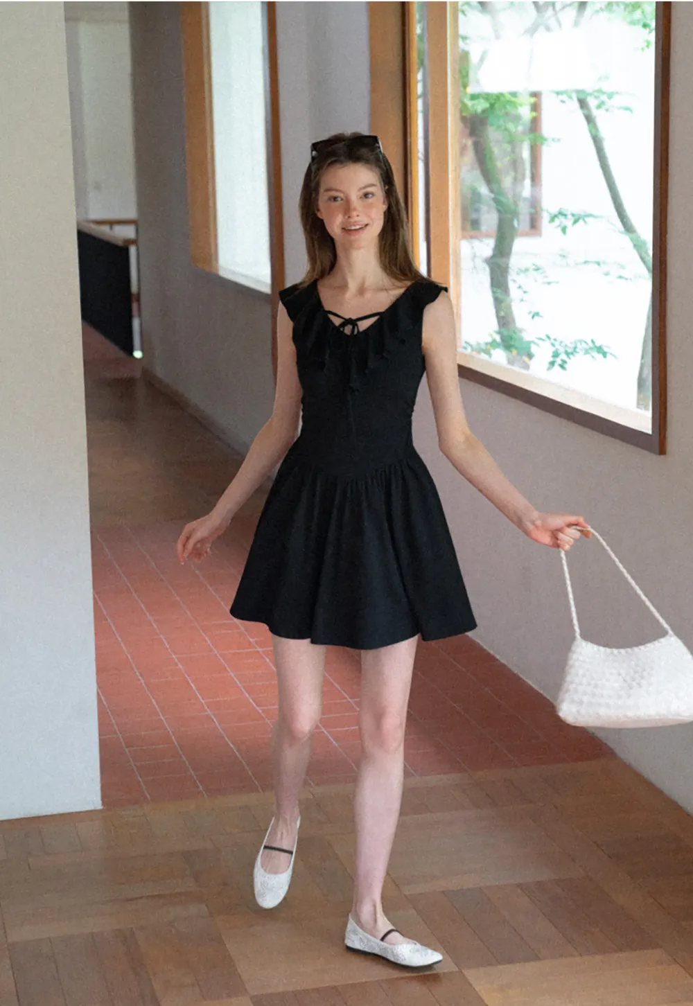 Ruffled Neckline Tie Front Flared Mini Dress