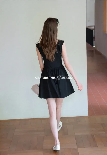 Ruffled Neckline Tie Front Flared Mini Dress